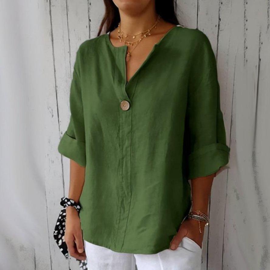 VEZFAA Summer New Loose Women's V-neck Cotton Linen Button Down T-shirt Blouses & Shirts