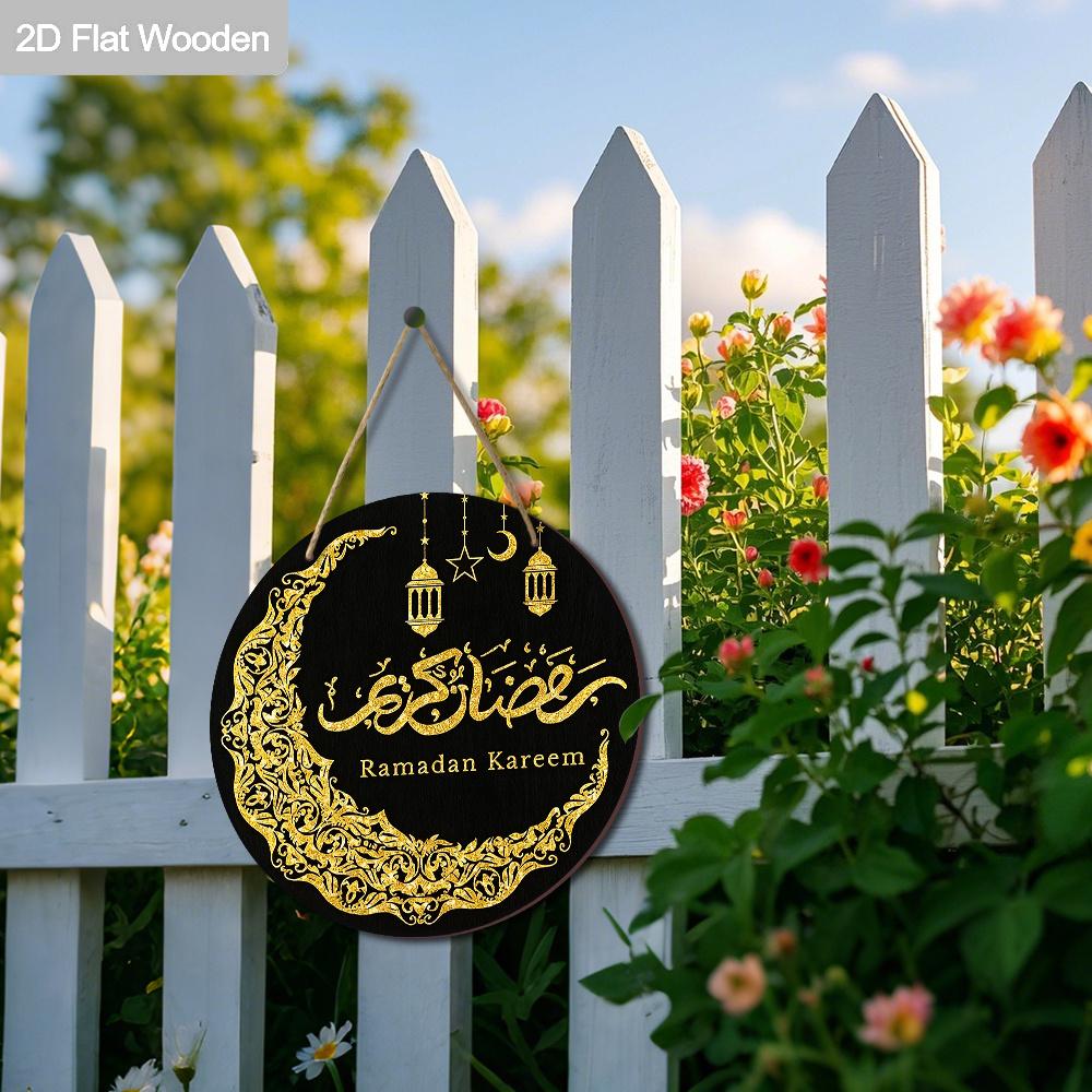 2D Flat Black & Gold Ramadan Round Wooden Hanging Sign - Islamic Calligraphy & Moon Design Decor for Ramadan, Eid, Muslim Home, Front Door