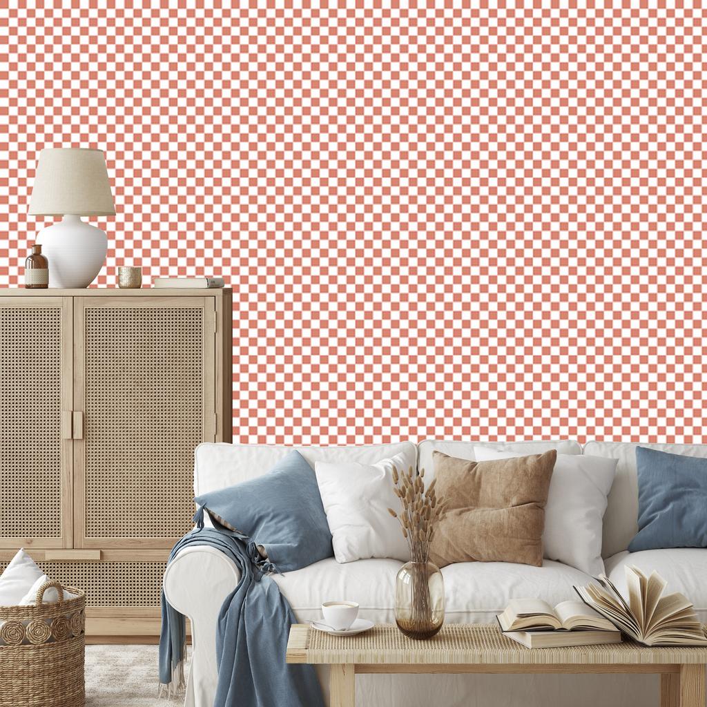 Checkerboard Wallpaper, Coral Top, Coral Bottom, for Living Room and Bedroom, 50x1000