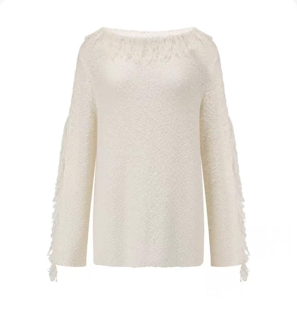 Early Spring Wool Blend Fringe One-Shoulder Top & Skirt Set S