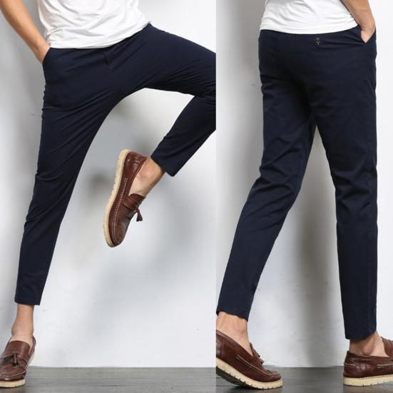 Men Casual Solid Color Elastic Pockets Thin Long Straight Trousers Suit Pants