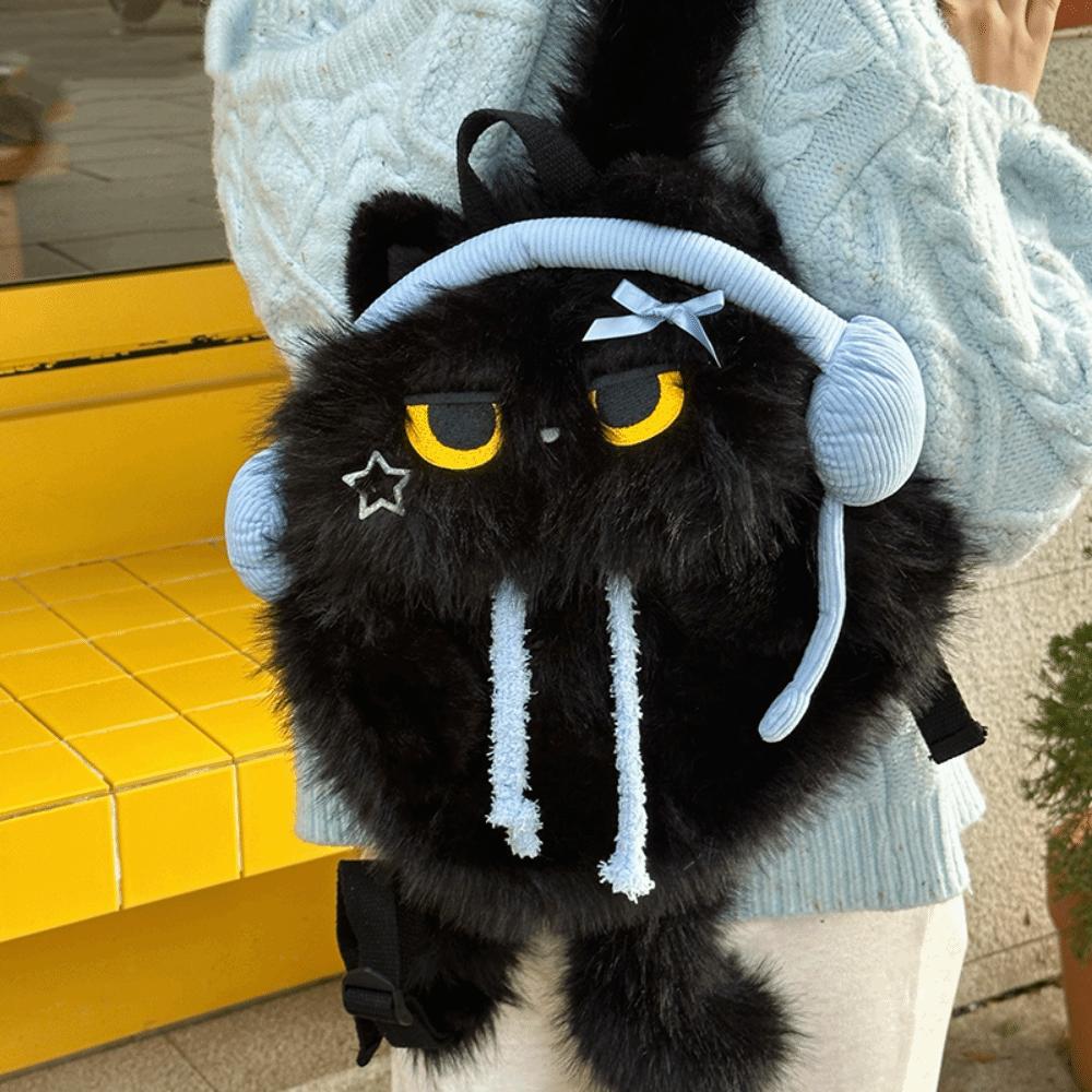 Headphone Siamese Cat Plush Backpack Kawaii Student School Bag  Casual Use