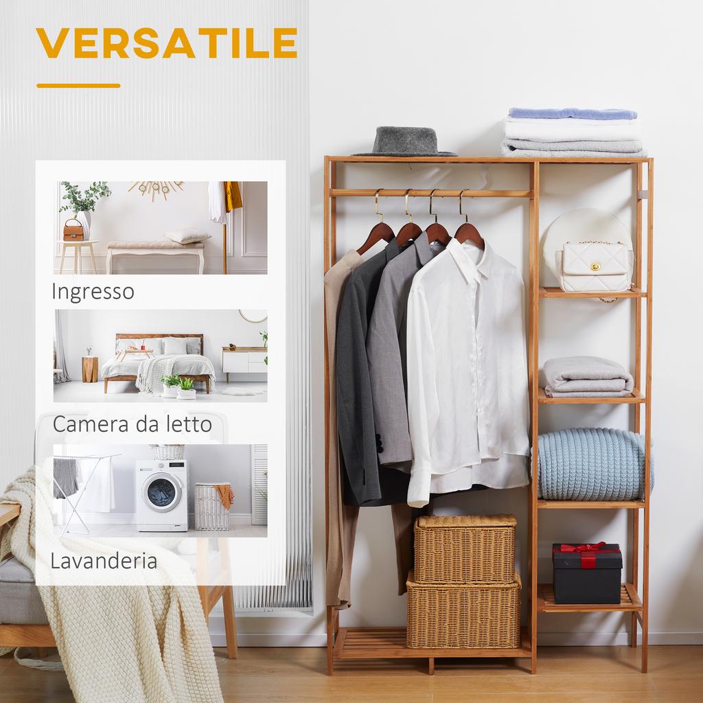 Bamboo Coat Rack with 6-Tier Shelving and Hanger Bar, 90x30x145cm, Natural Wood