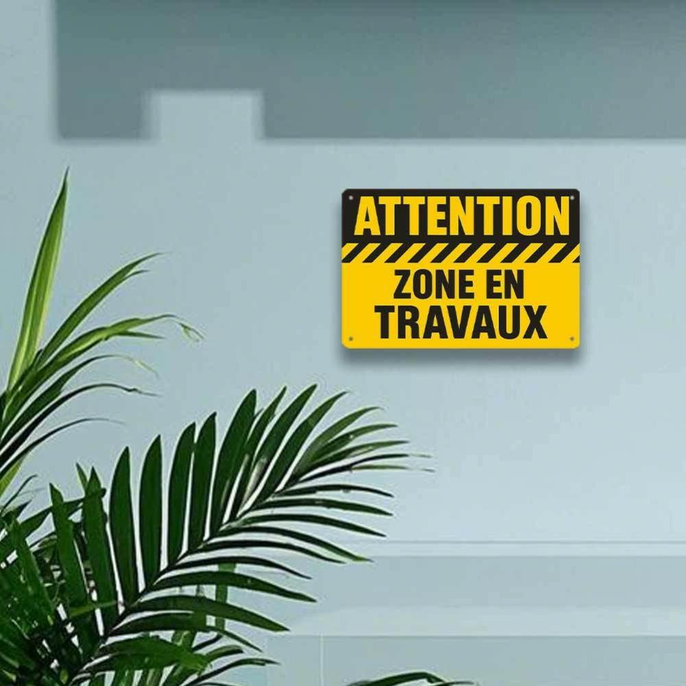 Plano 2D, 1 peça Placa de Alumínio Francesa Vintage "ATTENTION ZONE EN TRAVAUX" para Decoração de Escritório, Impressão com Tinta UV, Durável