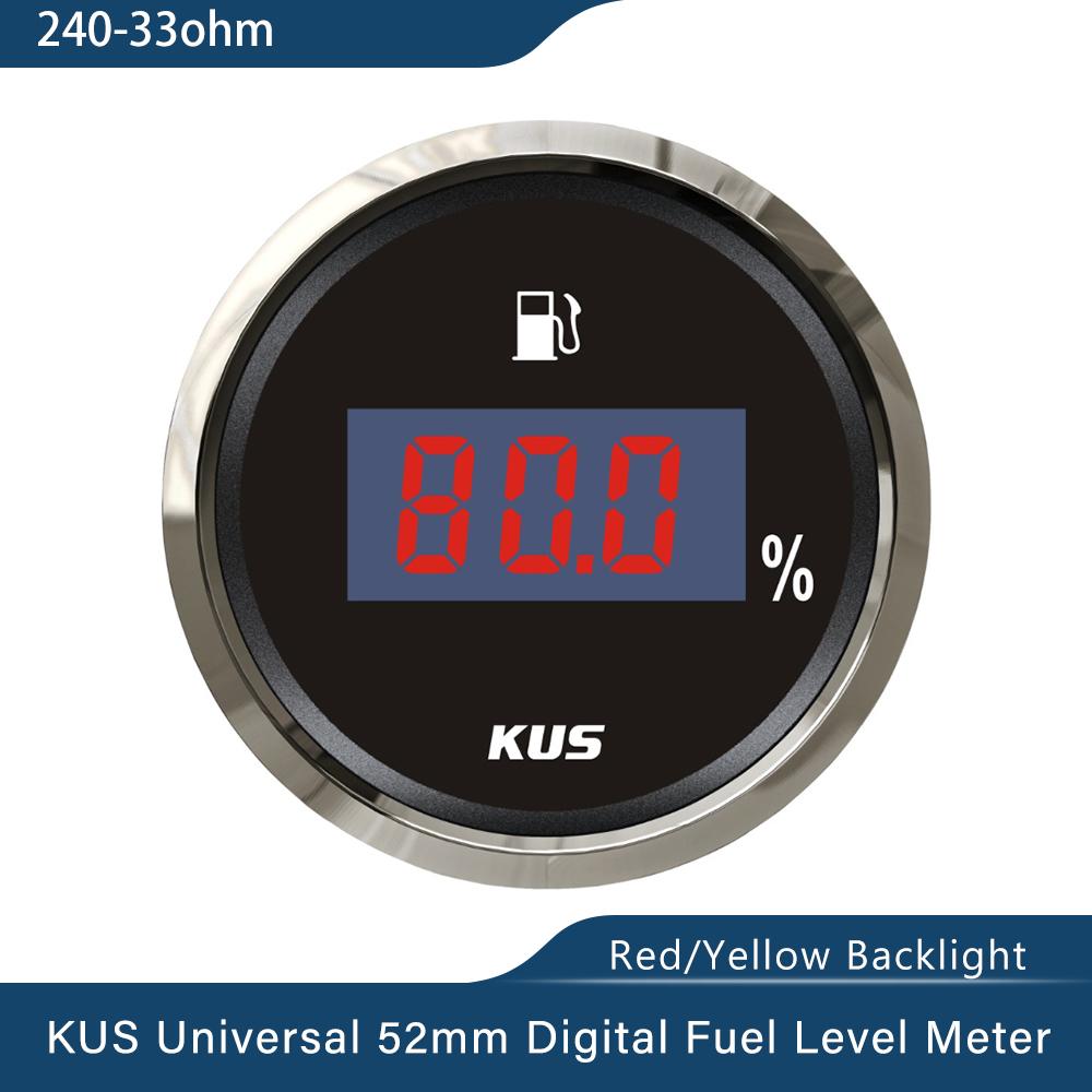 KUS New 52mm Auto Marine Fuel Oil Level Gauge Meter 0-190 ohm 240-33ohm with Red Yellow Backlight 12V/24V for Car Boat