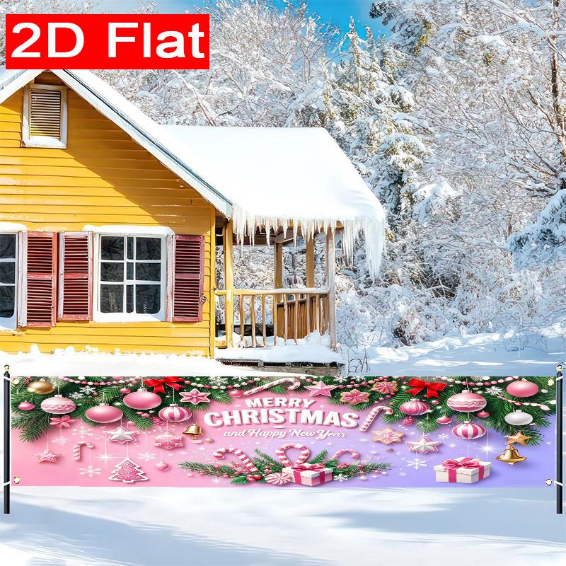 Pink Merry Christmas Banner, Holiday Design, Polyester Outdoor Wall Fence Yard Garage Garden Porch New Year Decoration