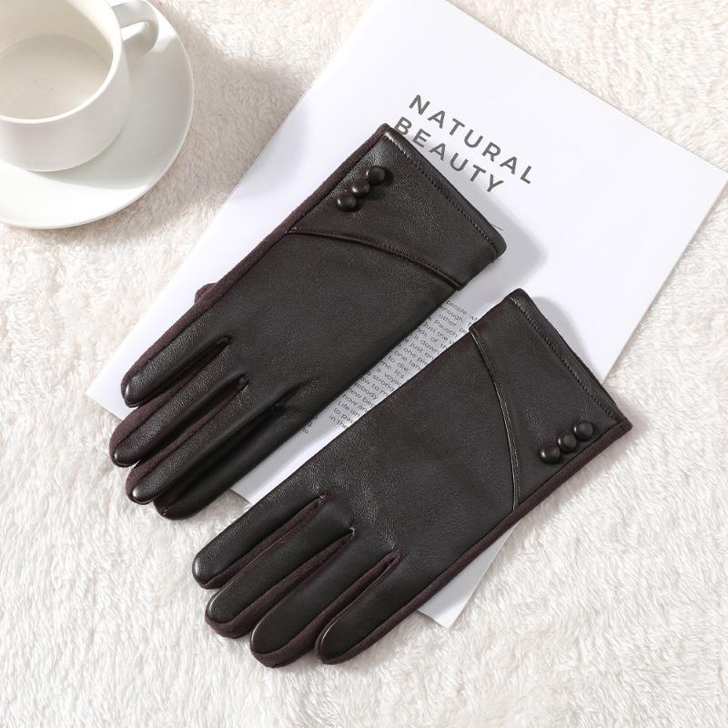 Warm leather gloves women cute velvet winter thickened outdoor riding windproof and cold driving touch screen gloves