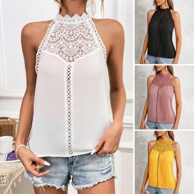 Women Vest Halter Neck Solid Color Lace Decoration Tops Solid Color Hollow