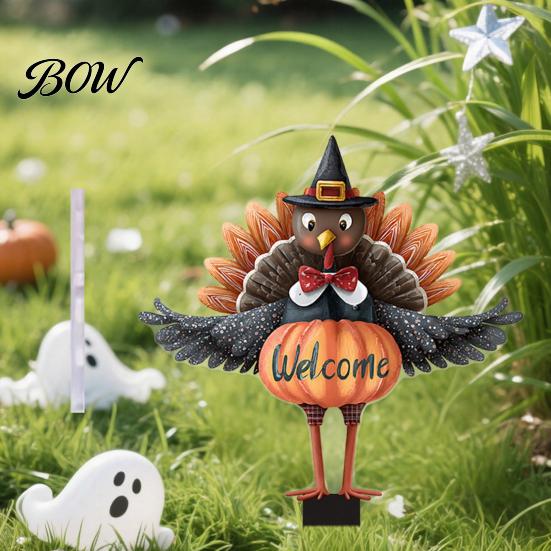 Retro Autumn Garden Accents Thanksgiving Turkey Stake, Wizard Hat with Pumpkin Lawn Ornament, Outdoor Yard Decorations Waterproof Acrylic Welcome Sign