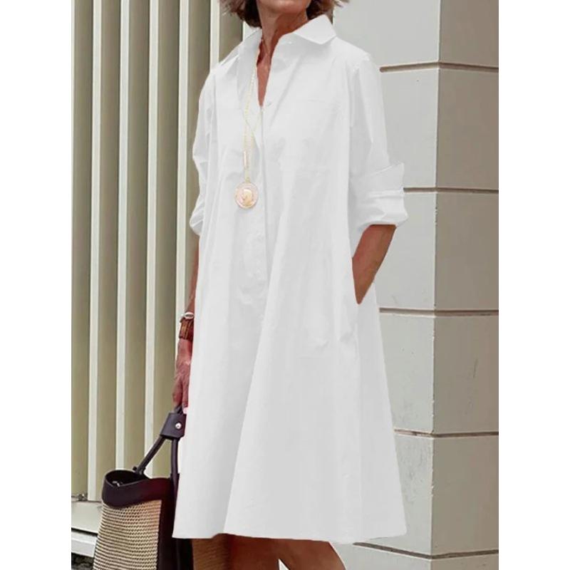 Vestido camisero suelto simple con solapa de manga larga de color sólido para mujer