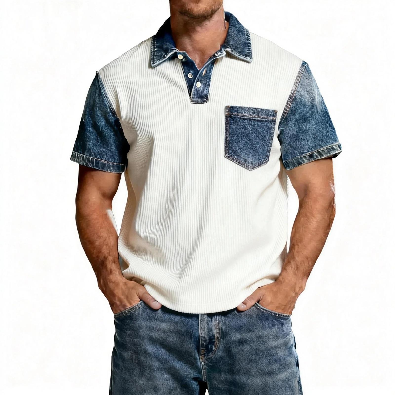 

Men s Denim Patchwork Shirt, Casual Short-sleeved Comfortable T-shirt, Fashionable For Spring And Summer. XL синій