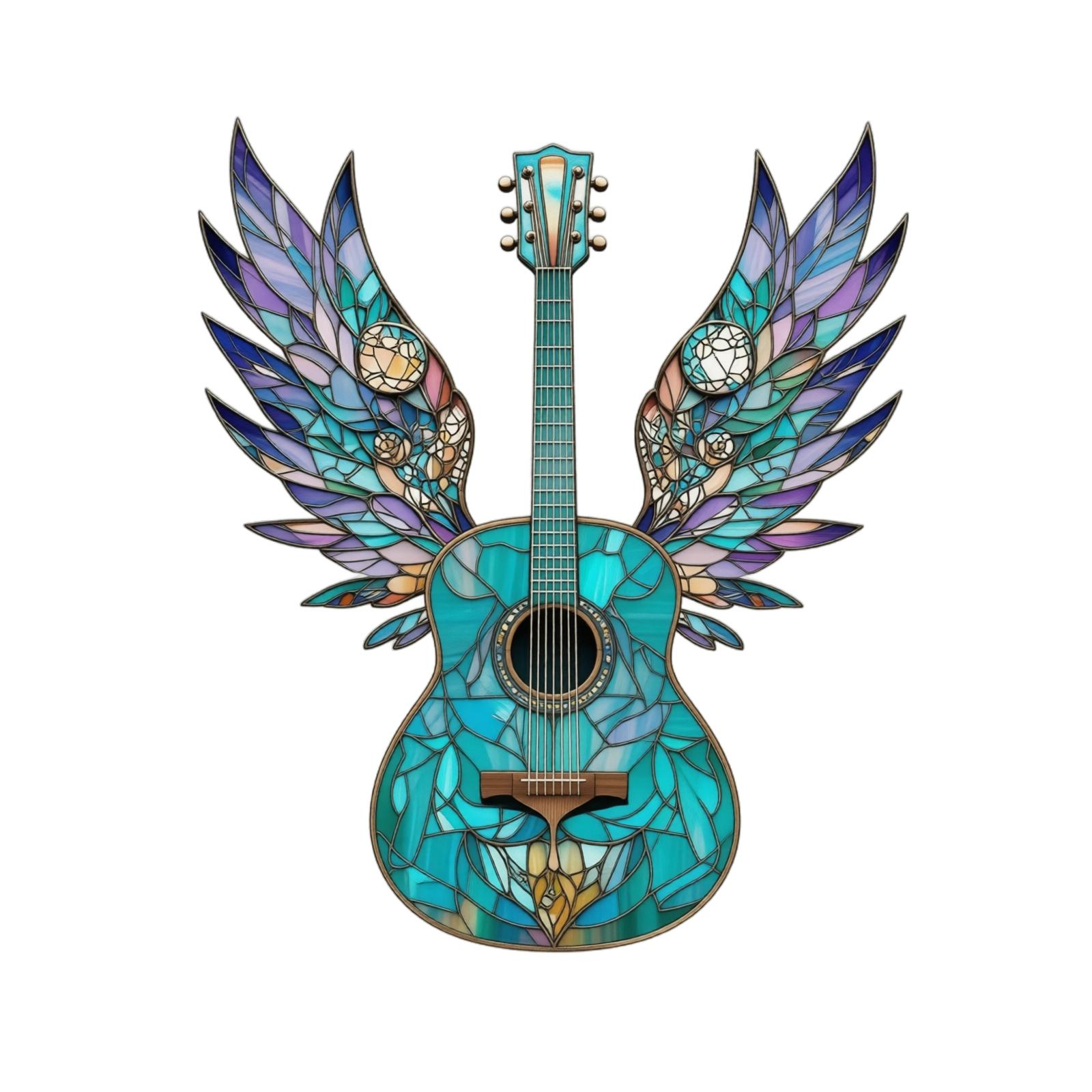 Bohemian Style Acrylic Guitar Wall Hanging with Dreamcatcher Wing Design for Home Window Balcony Garden Decoration One Size