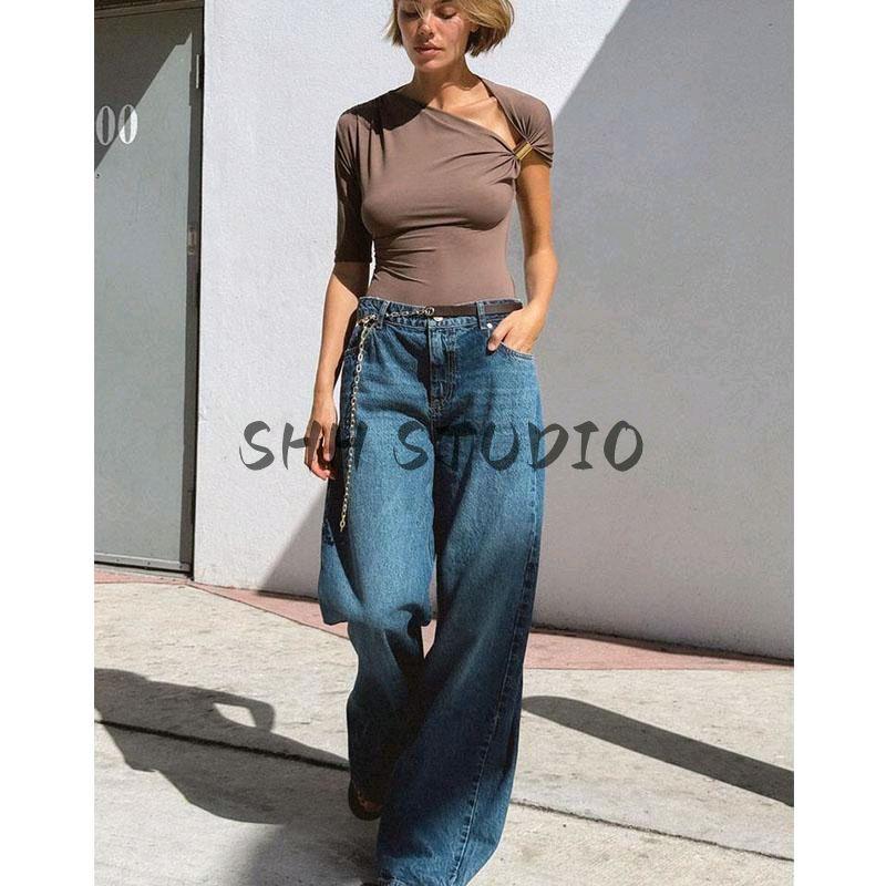 Spring New Women's Clothing European and American Leisure Easiest for Match Nylon off-Shoulder Asymmetric Design Tops 1026164