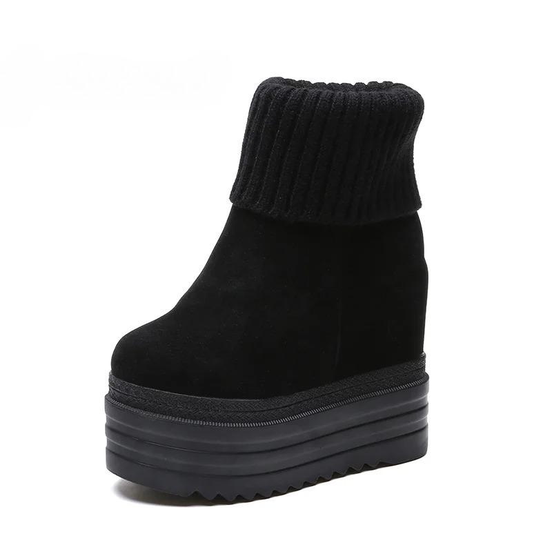 Women's Mid-Calf Boots Winter Knitting Wool Hidden Heel Woman Warm Winter Boots Fashion Platform Thick Sole Shoes Women Boot