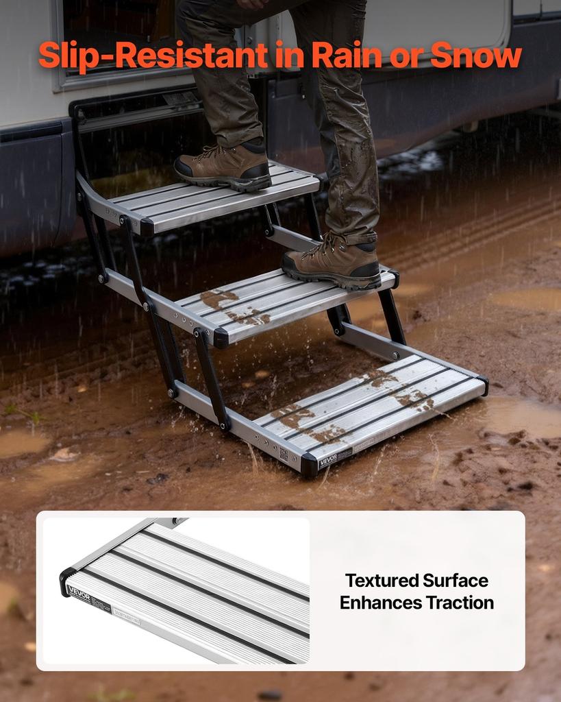 RV Steps, 3-Step, 200 kg Load Capacity, Manual Retractable RV Stairs, Telescopic Folding Aluminum Alloy Camper Steps, Steel Frame Non-Slip Entry