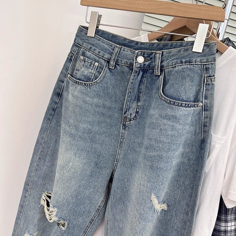 Děrované Džíny Dámské Vysoký Pas Rovný Rozkrok Volný Štíhlý Design High-street Vzhled Široké Nohavice Vlečící Kalhoty