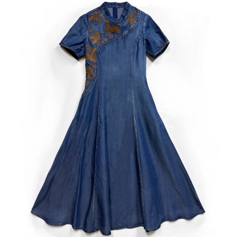 Johnature Chinese Style Cheongsam Vintage Casual Dress Summer Women Embroidery Short Sleeves Collar Dress
