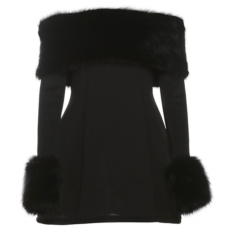 

Elsa Fashion 2025 Fall and Winter New Arrival Fashionable, Elegant and Sexy Fur Collar off-Shoulder Silm Slim Looking Dress Dress Black L