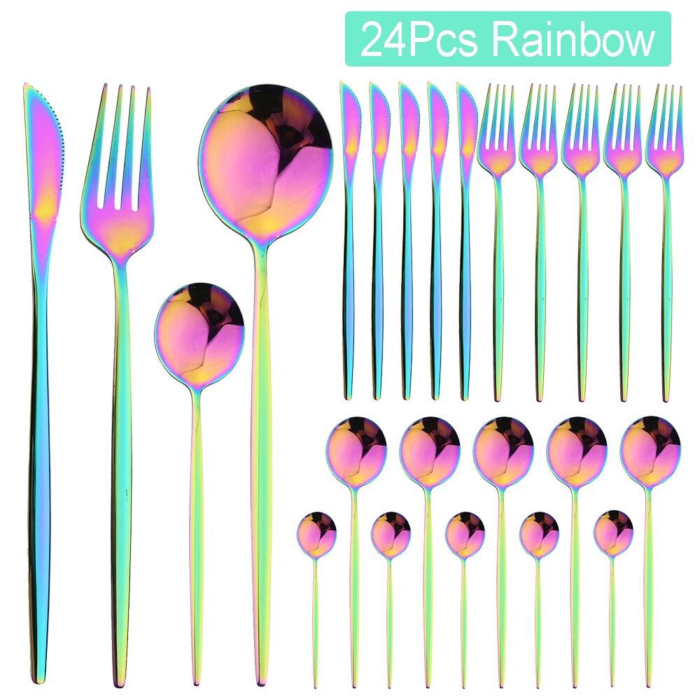 24Pcs Tableware Set Stainless Steel Dinnerware Knife Fork Spoon Dinner Flatware Kitchen Colorful Elegant Black Gold Cutlery Set