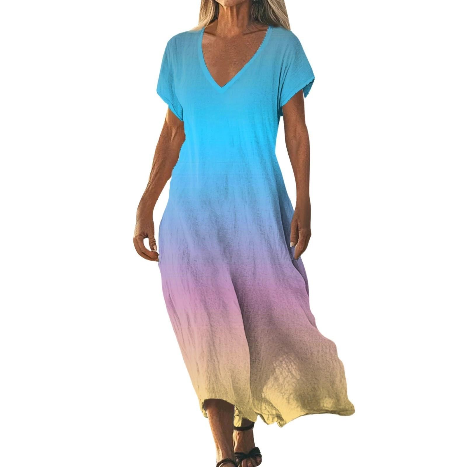Summer new dresses, solid color gradient print, plus-size women s crew neck short-sleeve long dresses wholesale S