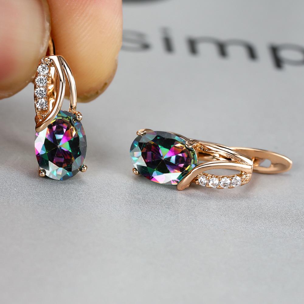 Oval Blue Zircon Diamond Champagne Gold-Plated Earrings for Weddings & Engagements