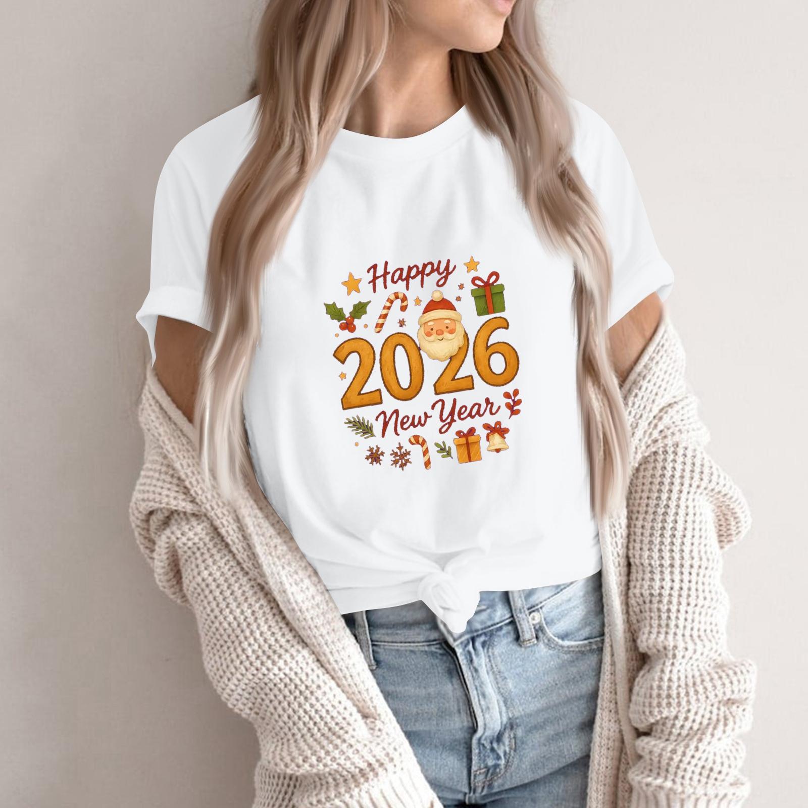 

Женская мода 2026 Новый год Принт Круглый вырез Короткий рукав Топ XL белый