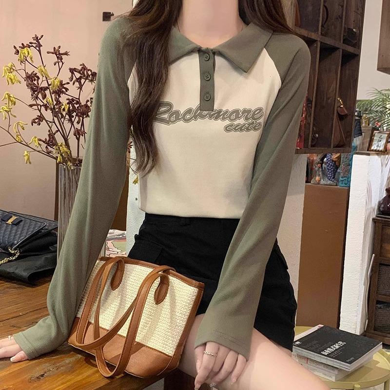 Green Stitching Contrasting Color Polo Lapel Long-sleeved T-shirt Women's Autumn and Winter New Slim Fit and Age-reducing Bottoming Top