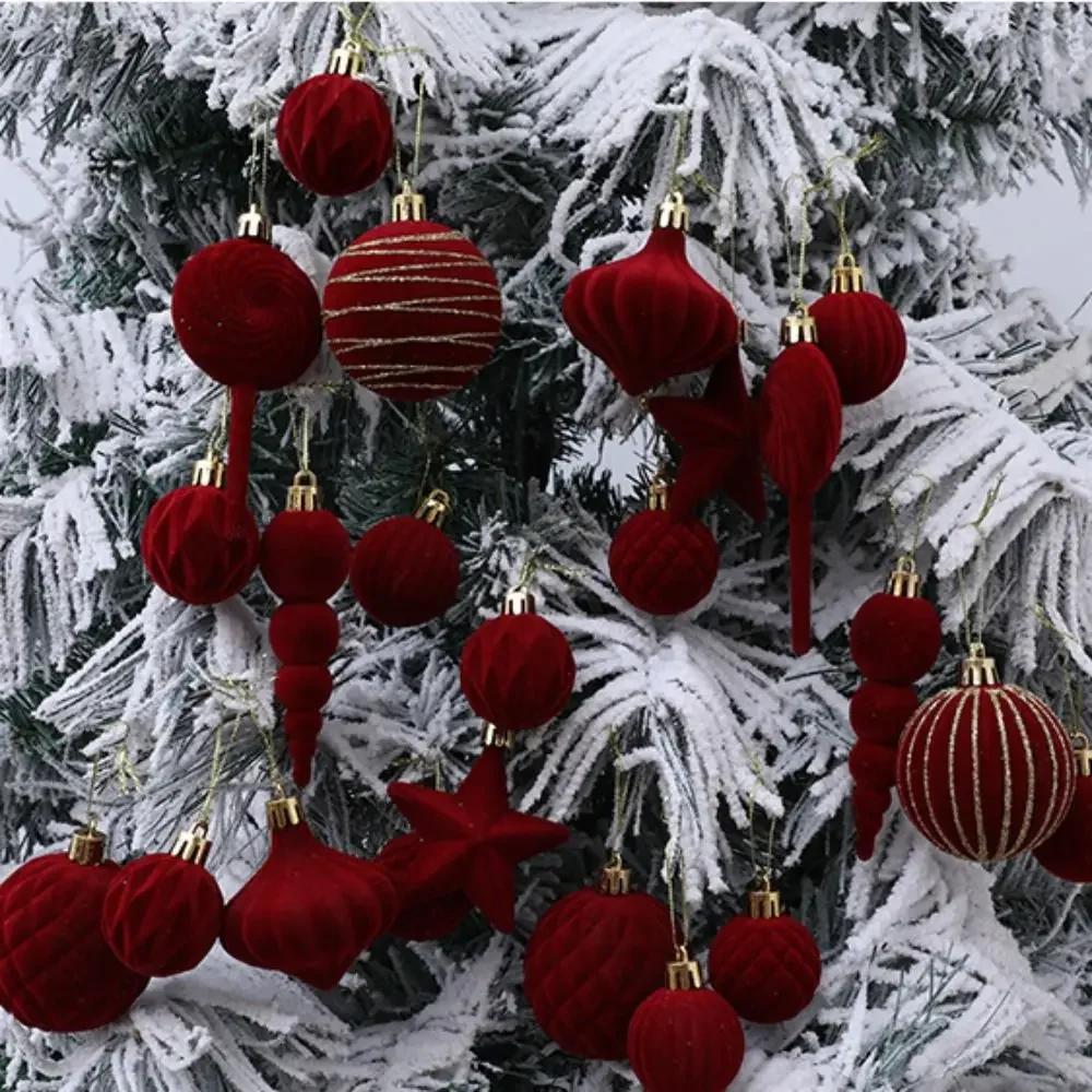 24PCS Flocking Christmas Balls Pendant Plastics Special-shaped Christmas Decoration Pendants DIY Multicolor