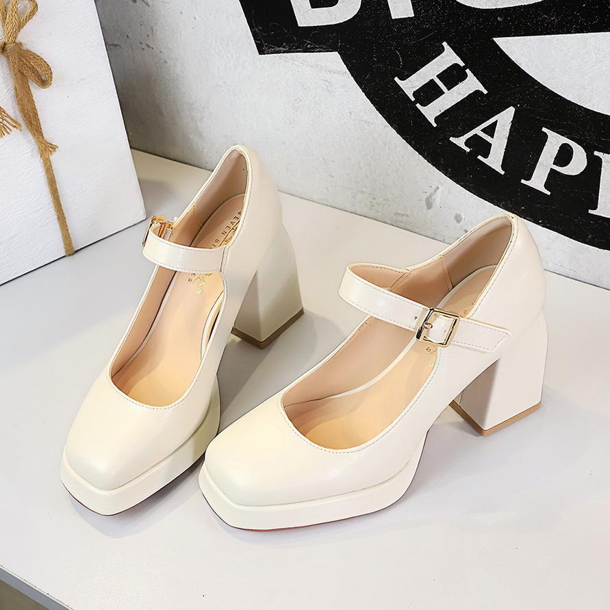 Talon épais, Talon carré, Talon haut, Plateforme imperméable, Bout carré, Décolleté bas, Boucle de ceinture, Bride droite, Chaussure simple pour femme