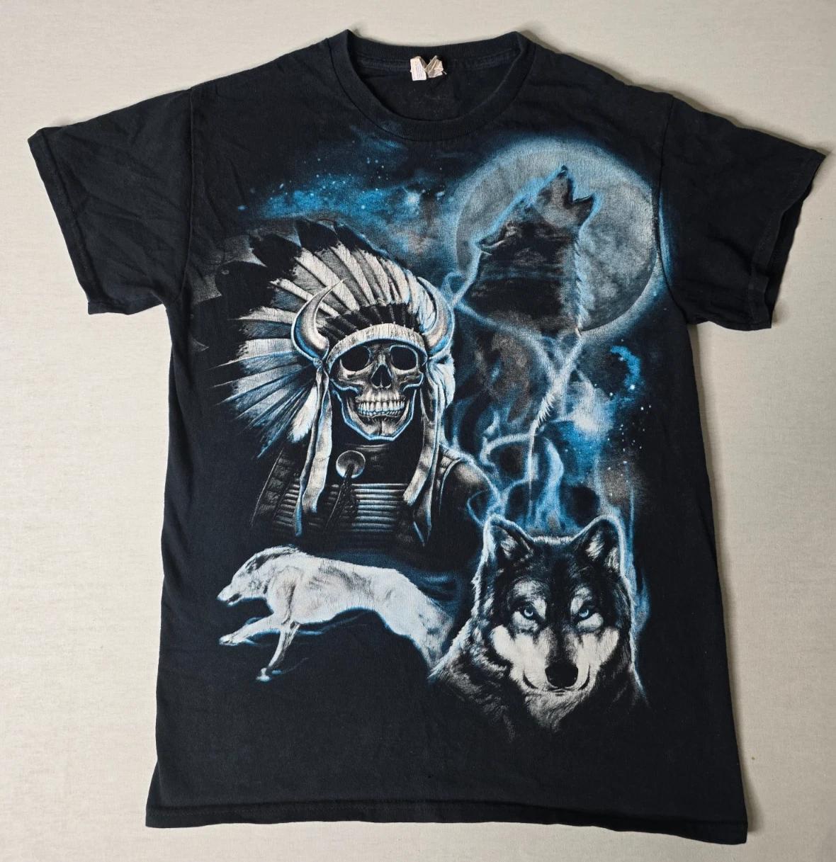 Gildan Wolf Native American Skull Moon T-Shirt Black Size S Heavy Cotton 3XL