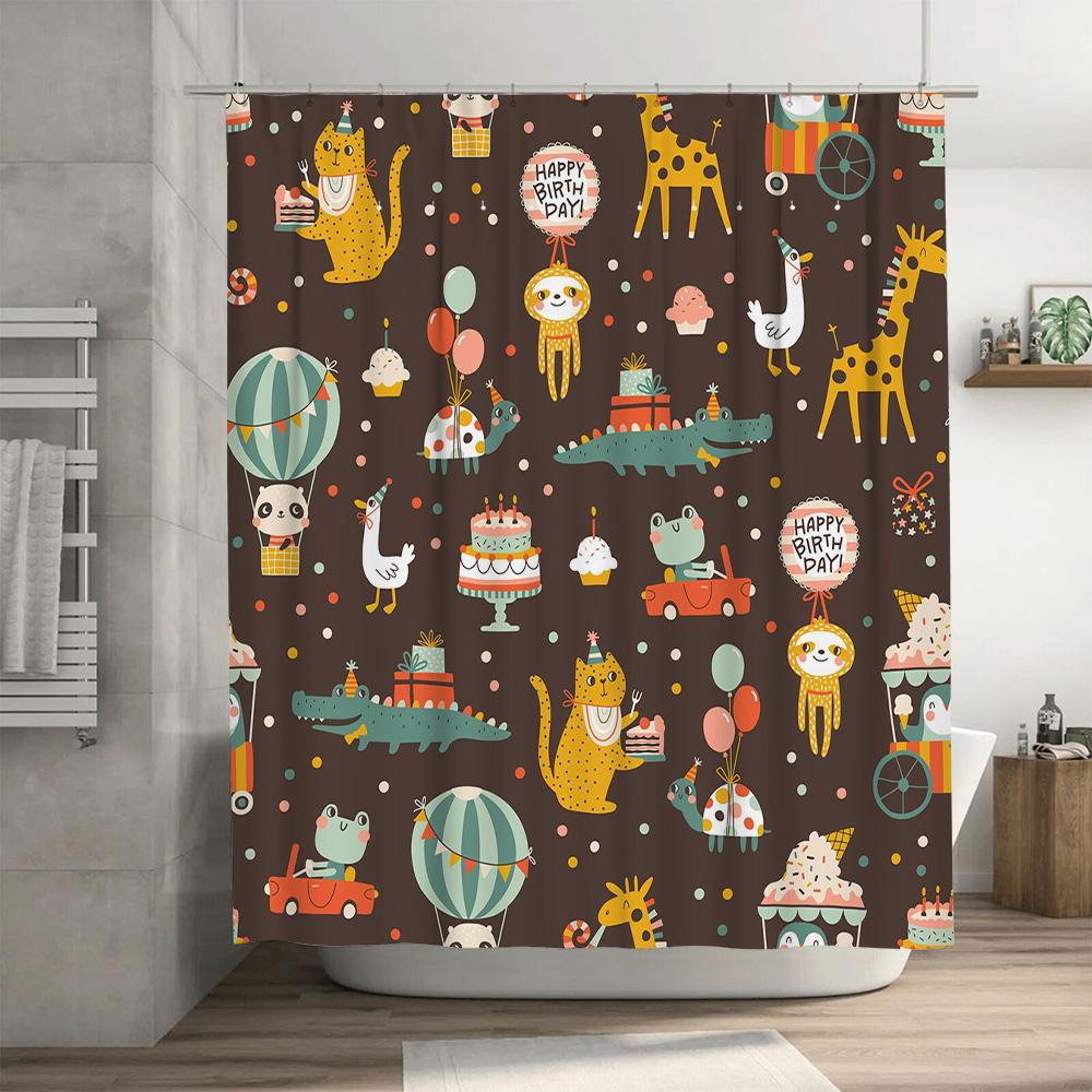 Adorable Animal Birthday Shower Curtain Set Kids Party Decorations for Bathroom Multicolored Pattern Canvas Fabric Perfect Gift
