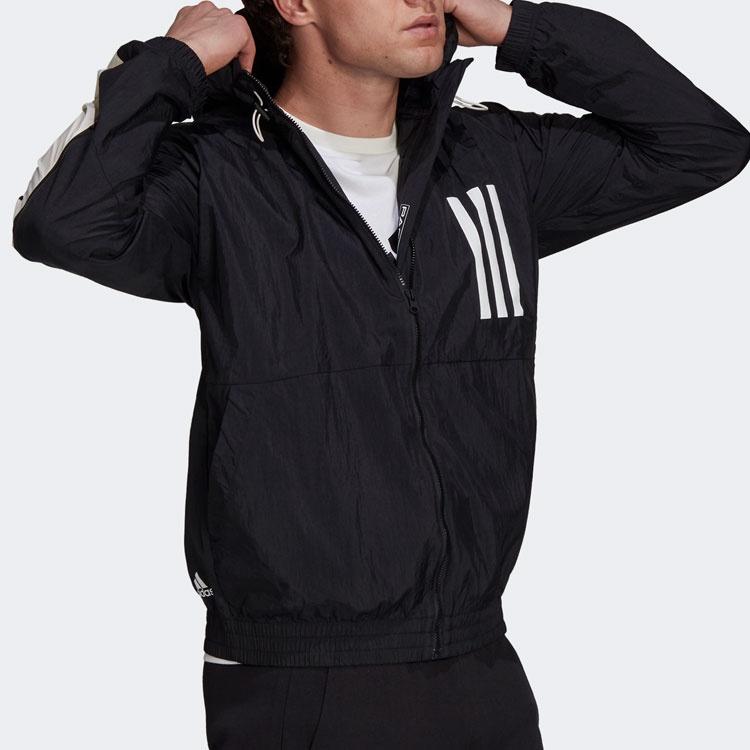 Men's adidas Wnd Mother Contrasting Colors Windproof Hooded Logo Jacket Black GT9769