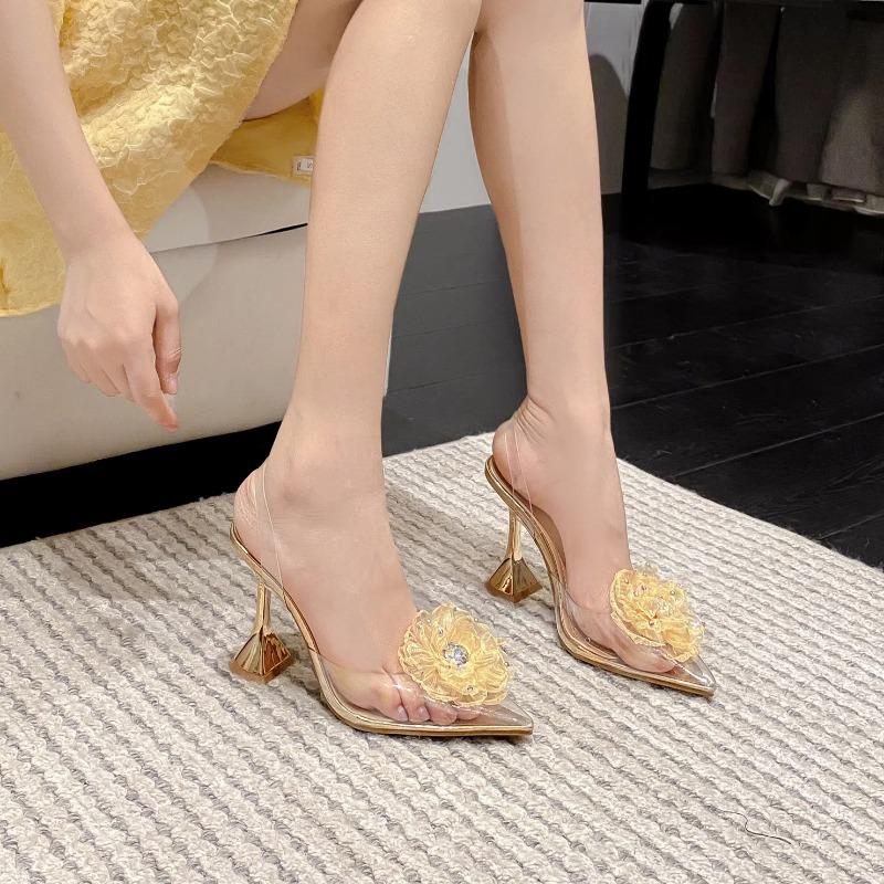 Summer Women's High Heel Sandals Pointed Flower High Heels Sexy Transparent Closed Toe Empty Wine Glass Heel Sandals