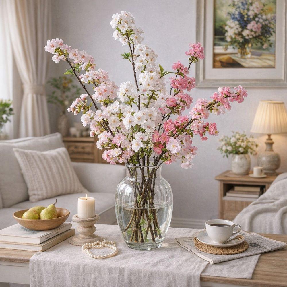 With Leaves Artificial Cherry Blossom Long Simulation Cherry Blossom Fake Flower  Garden Decor