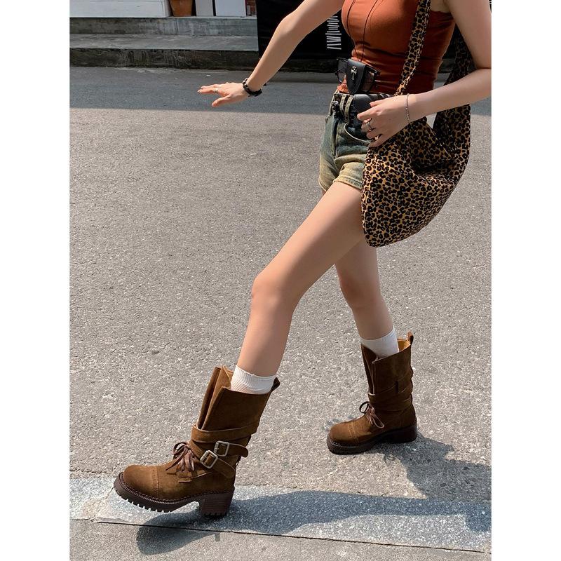 Cowhide version~ Retro knight boots women's thick-soled thick-heeled Martin boots belt buckle mid-tube western cowboy boots locomotive boots