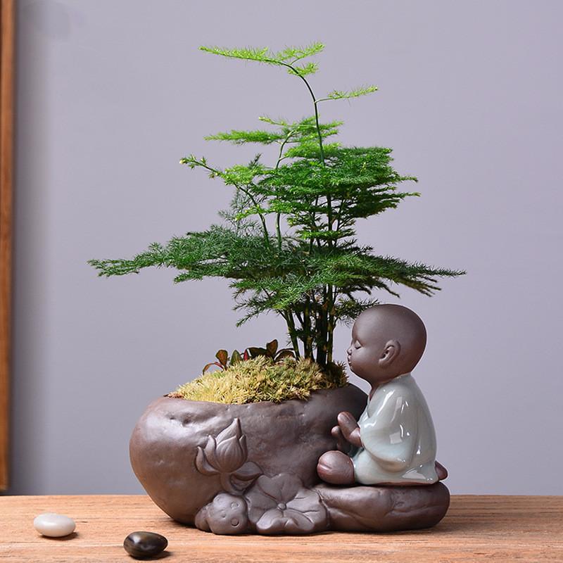 DXUIALOI Neu Chinesisch Kreativ Hydrokultur Pflanzen Chrysantheme Kupfer Geld Blumentopf Vase Zen Keramik Handwerk Heimdekoration