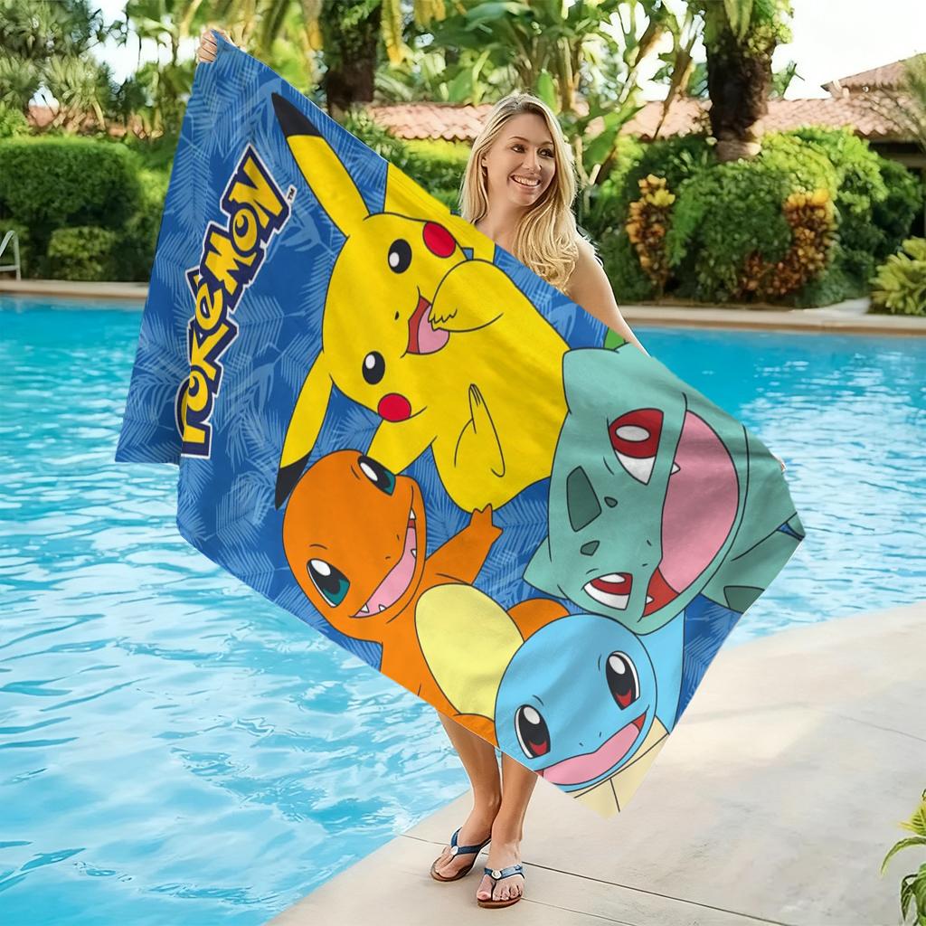 Pokemon Pikachu & Starters Beach Towel, Kids Cartoon Beach Towel, Soft Absorbent Quick-Dry Towel for Beach, Pool, Travel
