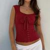 2026 Europese & Amerikaanse Sexy Effen Kleur Strikje Vetersluiting Camisole - Dames Casual Mouwloos Vierkante Hals Top