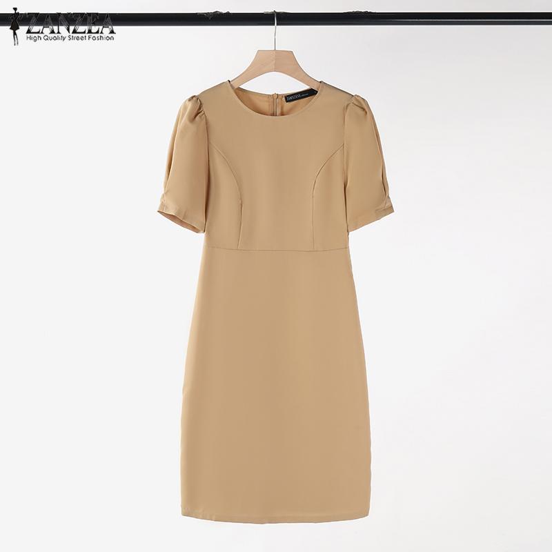 ZANZEA Women Casual Round Neck Zipper Short Sleeve Dresses