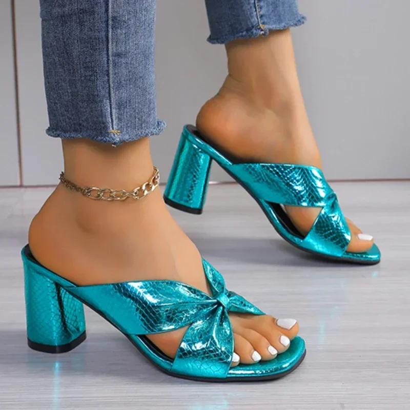 2024 Summer Silver Square Head Chunky Heel Flip-flops Open Toe Sandals French Gold High-heeled Half Slippers Shoes for Women