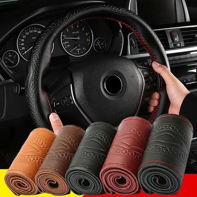 Genuine Leather Car Steering Wheel Cover Men Women Hand Sewing 14.5-15" Non-slip Embossed Steering Wheel Wrap Braid Cover