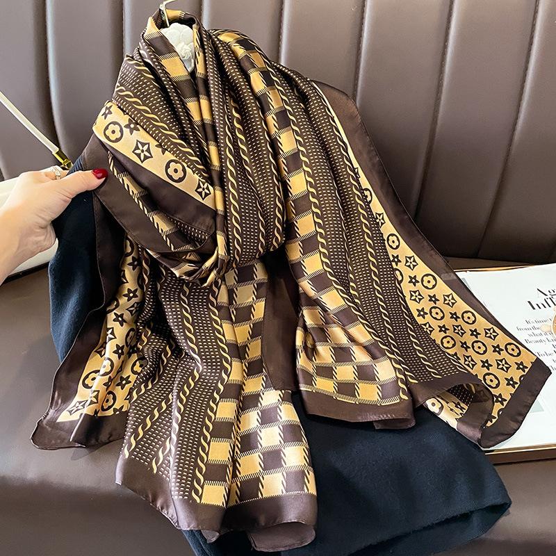 

Классический шарф с принтом, элегантная шаль из искусственного шелка, женская ветрозащитная повязка на голову, повседневное пляжное полотенце для путешествий на открытом воздухе 90*180cm