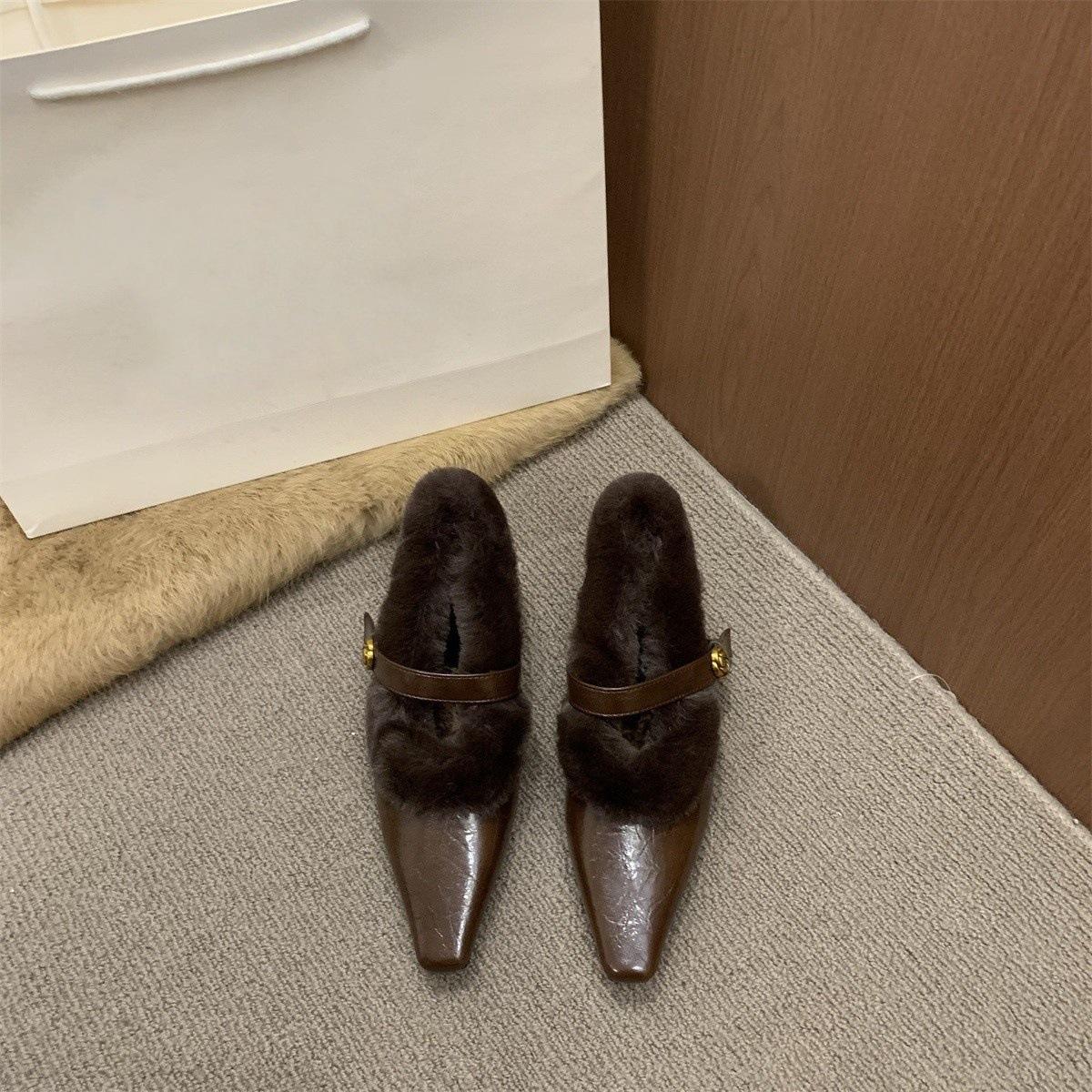 Xiaoxiangfeng plush small leather shoes Mary Jane plush single shoes with plush inner height-increasing shoes 35