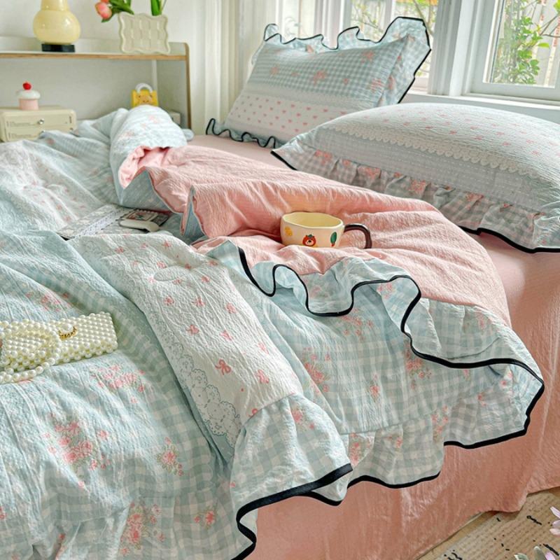 Kapok wrinkled double-layer yarn ruffle leaf edge summer quilt four-piece set washing machine washing air conditioner quilt