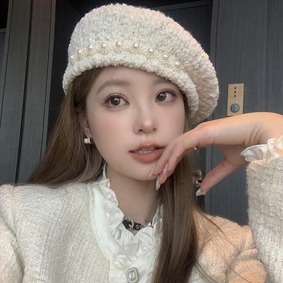 New Lamb Wool Winter Top Hat Sweet Pearl Wool Beret Temperament Casual Face Little Painter Hat
