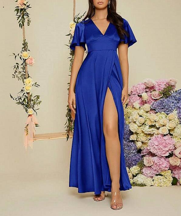 

Женское однотонное платье с короткими рукавами и V-образным вырезом, с высокой талией M