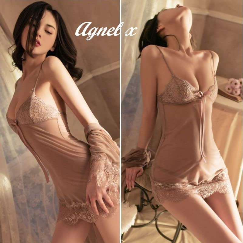 Sexy Lingerie Inner Underwear Nightwear One Piece Setup X026 Mocha [Agnel X] See-Through Women's (L, Brown)