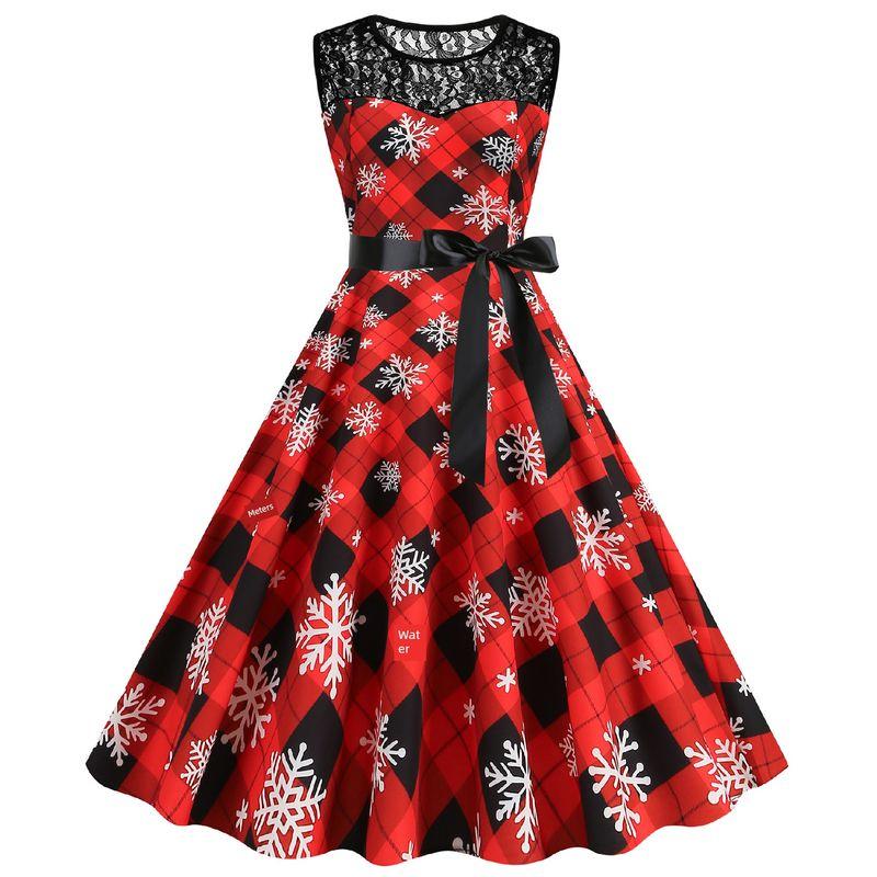 Fashion Round Neck Lace Patchwork Christmas Gingham Mid Length Long Length Sleeveless Dress Side Zipper Belt Dress for Women