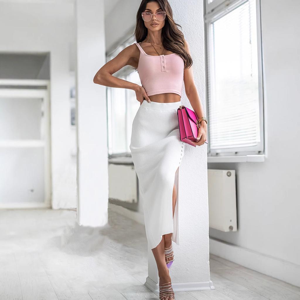 Summer New Slim and Sexy Professional Women's Clothing Ribbed Temperament Slit Button Half Skirt