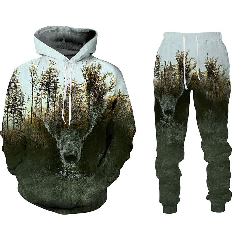 Herren Hoodie Sets Jagd Bär Bogenschütze Tarnung 3D-Druck Hoodies Trainingsanzug Jogginghose 2-teilige Sets Kleidung Übergroß
